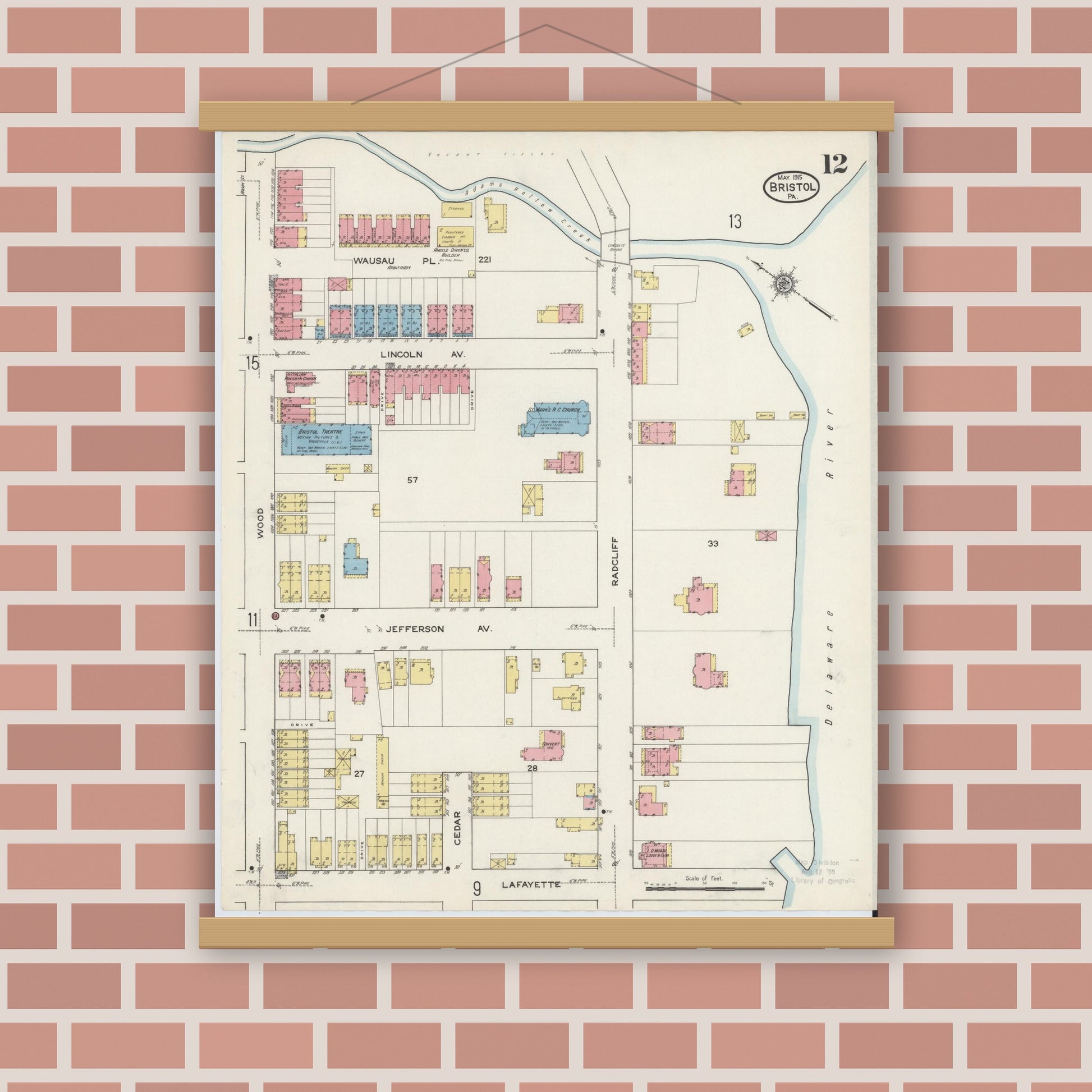 Old map wall art mockup — magnetic wood frame on brick wall — Sanborn Fire Insurance Map from Bristol, Bucks County, Pennsylvania (1915), Sheet #0012