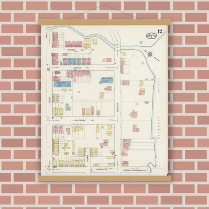 Old map wall art mockup — magnetic wood frame on brick wall — Sanborn Fire Insurance Map from Bristol, Bucks County, Pennsylvania (1915), Sheet #0012