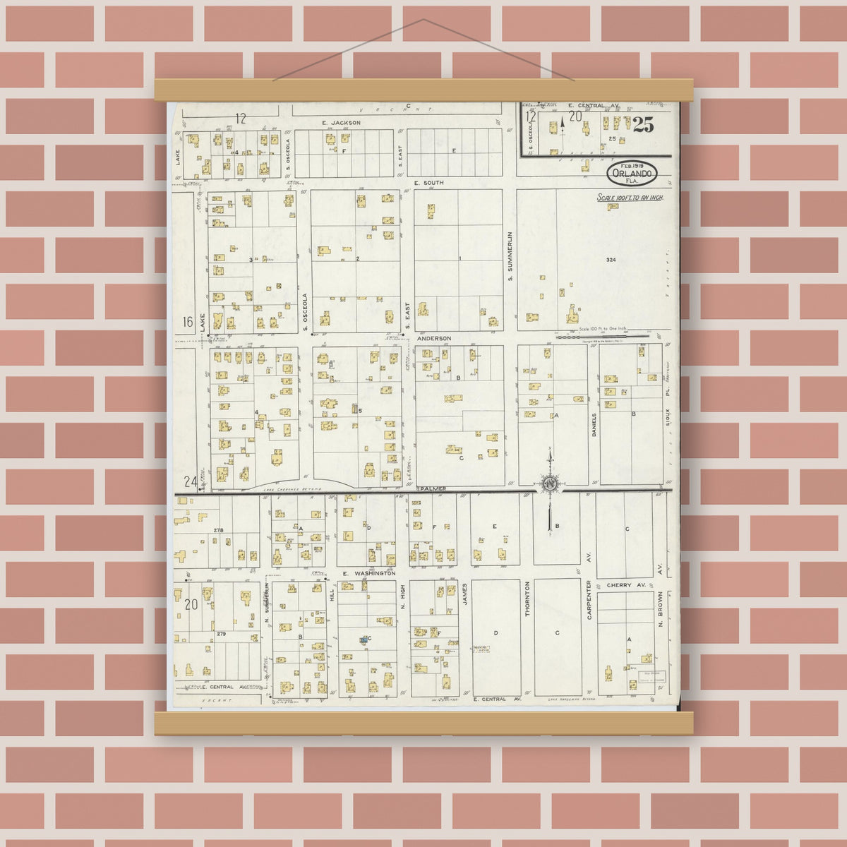 Old map wall art mockup — magnetic wood frame on brick wall — Sanborn Fire Insurance Map from Orlando, Orange County, Florida (1919), Sheet #0025
