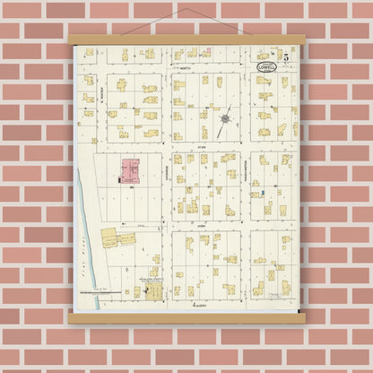 Old map wall art mockup — magnetic wood frame on brick wall — Sanborn Fire Insurance Map from Lowell, Kent County, Michigan (1918), Sheet #0005