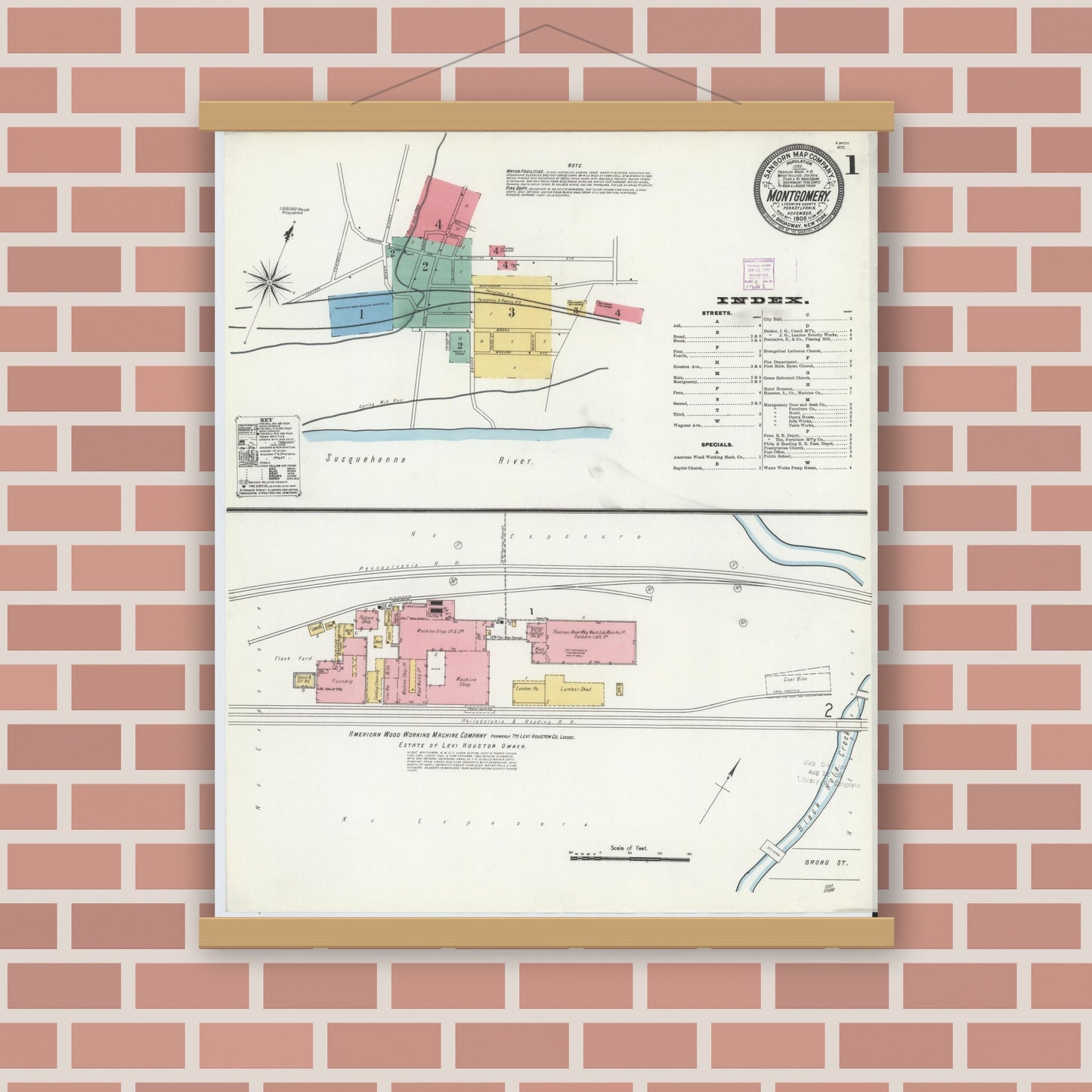 Old map wall art mockup — magnetic wood frame on brick wall — Sanborn Fire Insurance Map from Montgomery, Lycoming County, Pennsylvania (1906), Sheet #0001