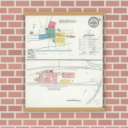 Old map wall art mockup — magnetic wood frame on brick wall — Sanborn Fire Insurance Map from Montgomery, Lycoming County, Pennsylvania (1906), Sheet #0001