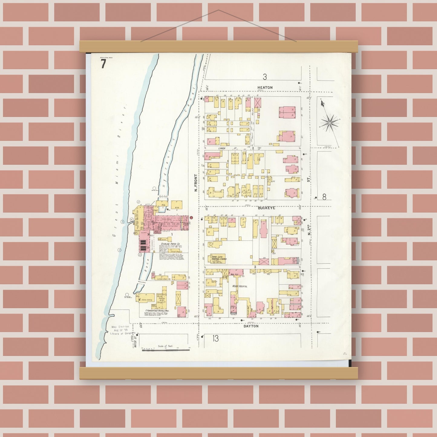 Old map wall art mockup — magnetic wood frame on brick wall — Sanborn Fire Insurance Map from Hamilton, Butler County, Ohio (1899), Sheet #0007