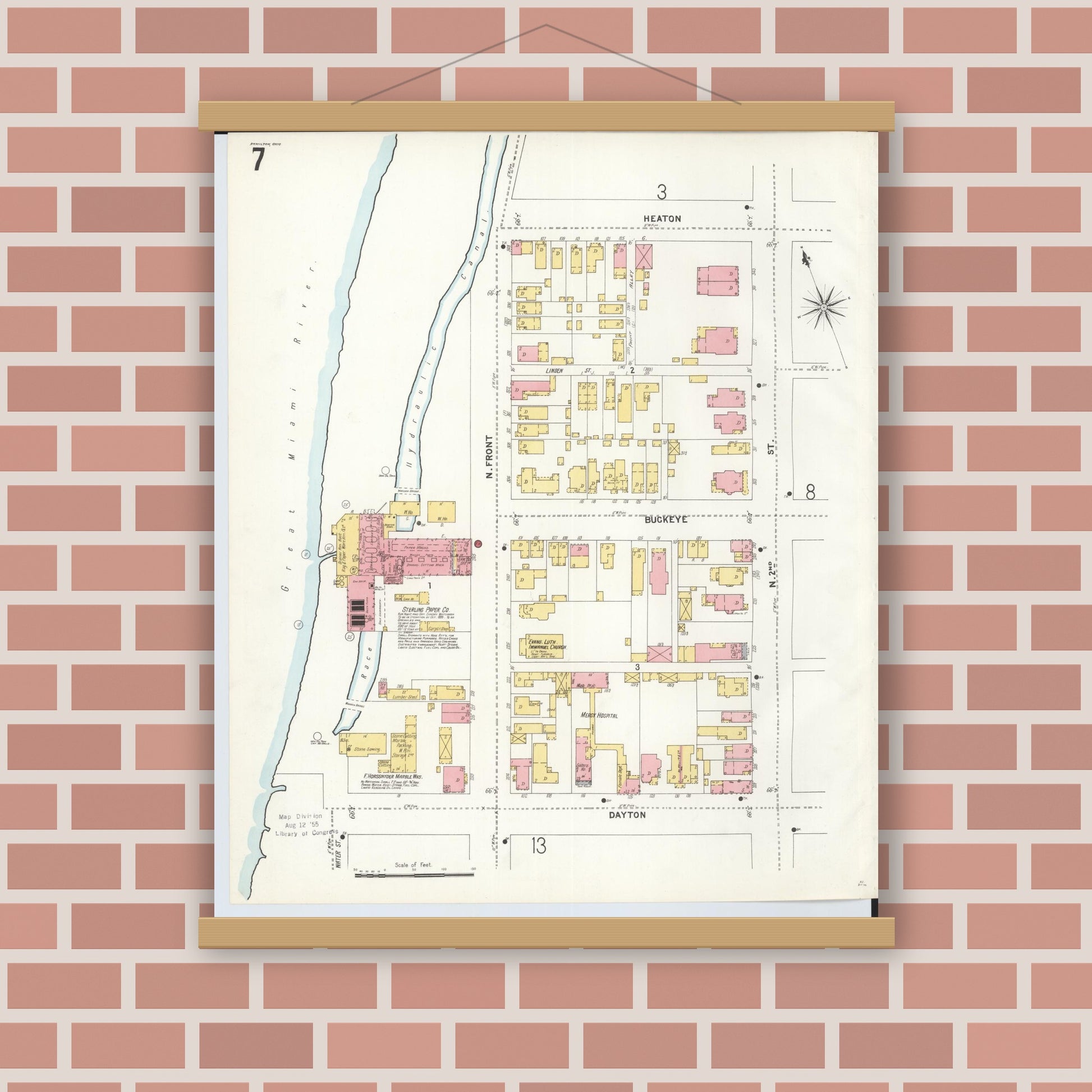 Old map wall art mockup — magnetic wood frame on brick wall — Sanborn Fire Insurance Map from Hamilton, Butler County, Ohio (1899), Sheet #0007