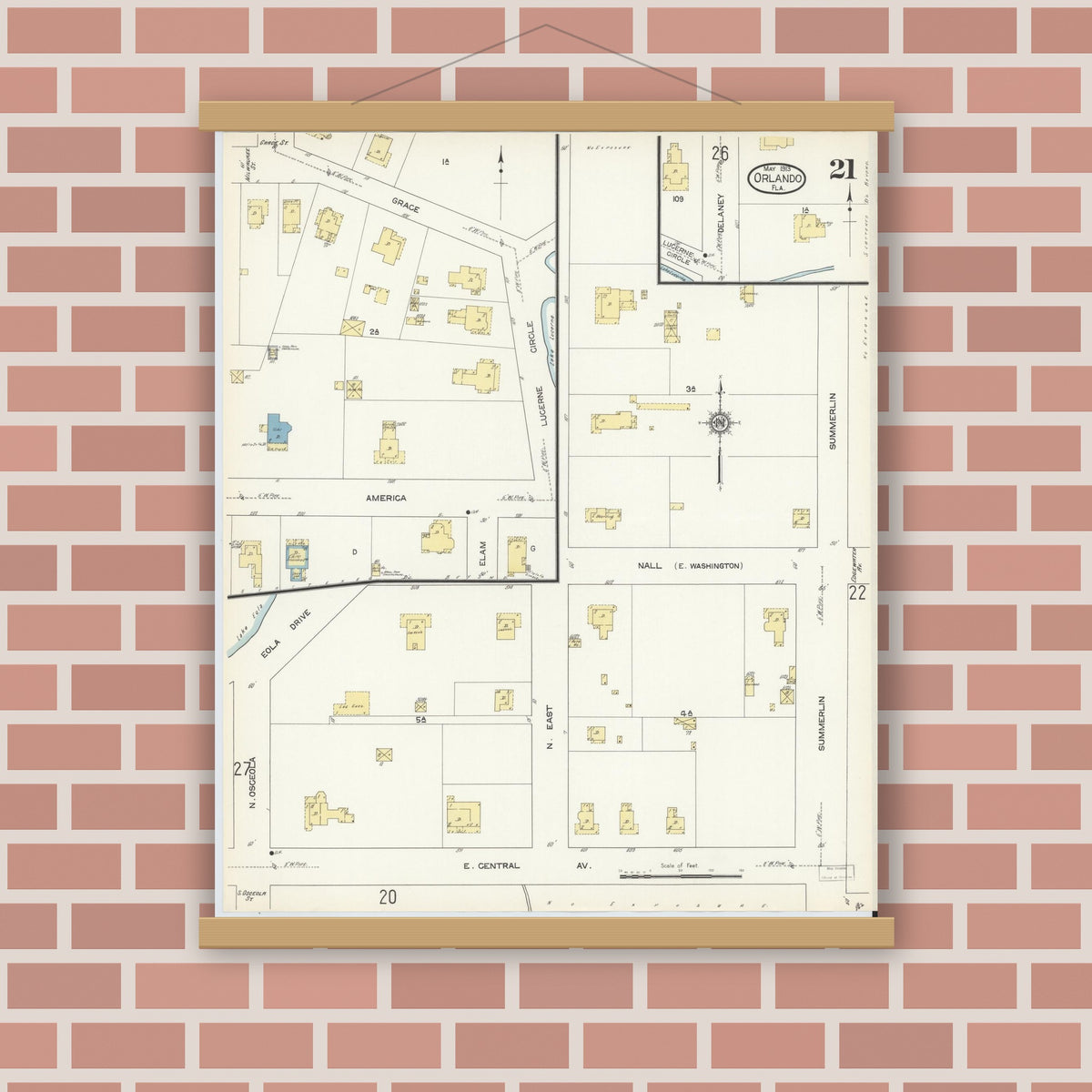 Old map wall art mockup — magnetic wood frame on brick wall — Sanborn Fire Insurance Map from Orlando, Orange County, Florida (1913), Sheet #0021