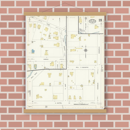 Old map wall art mockup — magnetic wood frame on brick wall — Sanborn Fire Insurance Map from Orlando, Orange County, Florida (1913), Sheet #0021