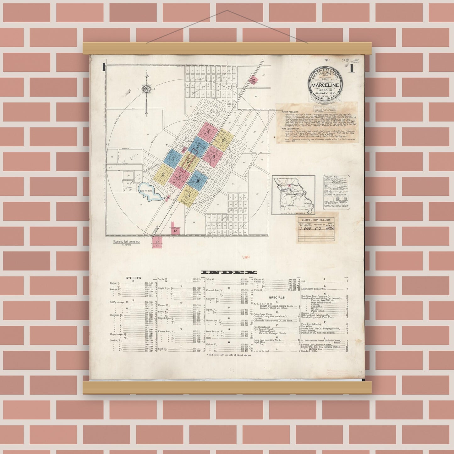 Old map wall art mockup — magnetic wood frame on brick wall — Sanborn Fire Insurance Map from Marceline, Linn County, Missouri (1939) - Complete Map Set