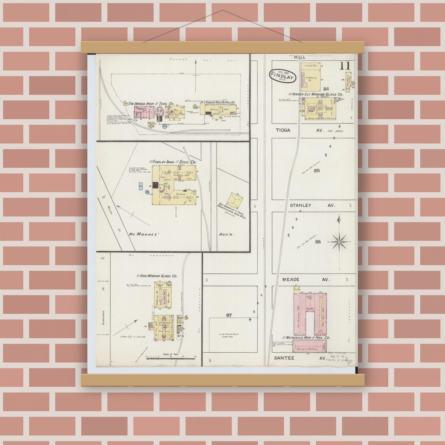 Old map wall art mockup — magnetic wood frame on brick wall — Sanborn Fire Insurance Map from Findlay, Hancock County, Ohio (1887), Sheet #0011