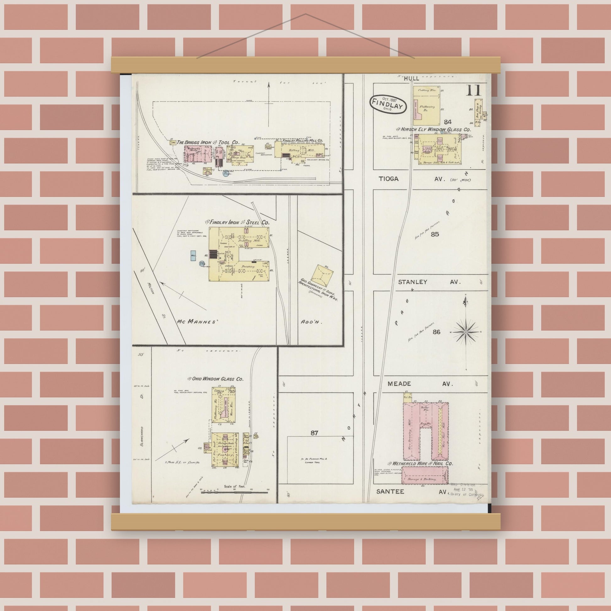 Old map wall art mockup — magnetic wood frame on brick wall — Sanborn Fire Insurance Map from Findlay, Hancock County, Ohio (1887), Sheet #0011
