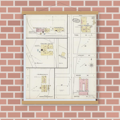 Old map wall art mockup — magnetic wood frame on brick wall — Sanborn Fire Insurance Map from Findlay, Hancock County, Ohio (1887), Sheet #0011