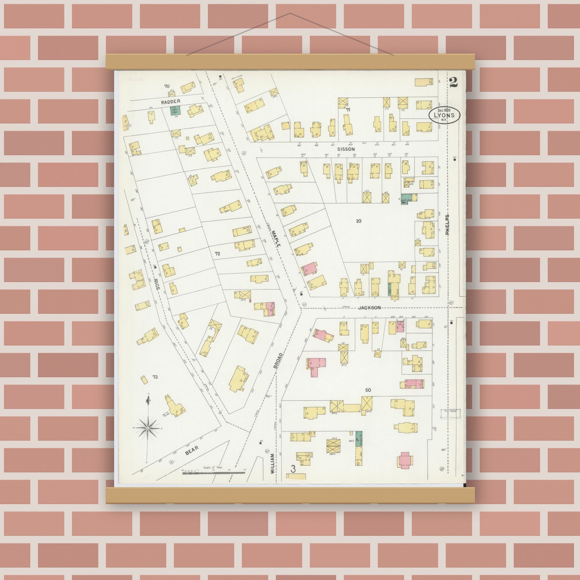 Old map wall art mockup — magnetic wood frame on brick wall — Sanborn Fire Insurance Map from Lyons, Wayne County, New York (1899) - Complete Map Set