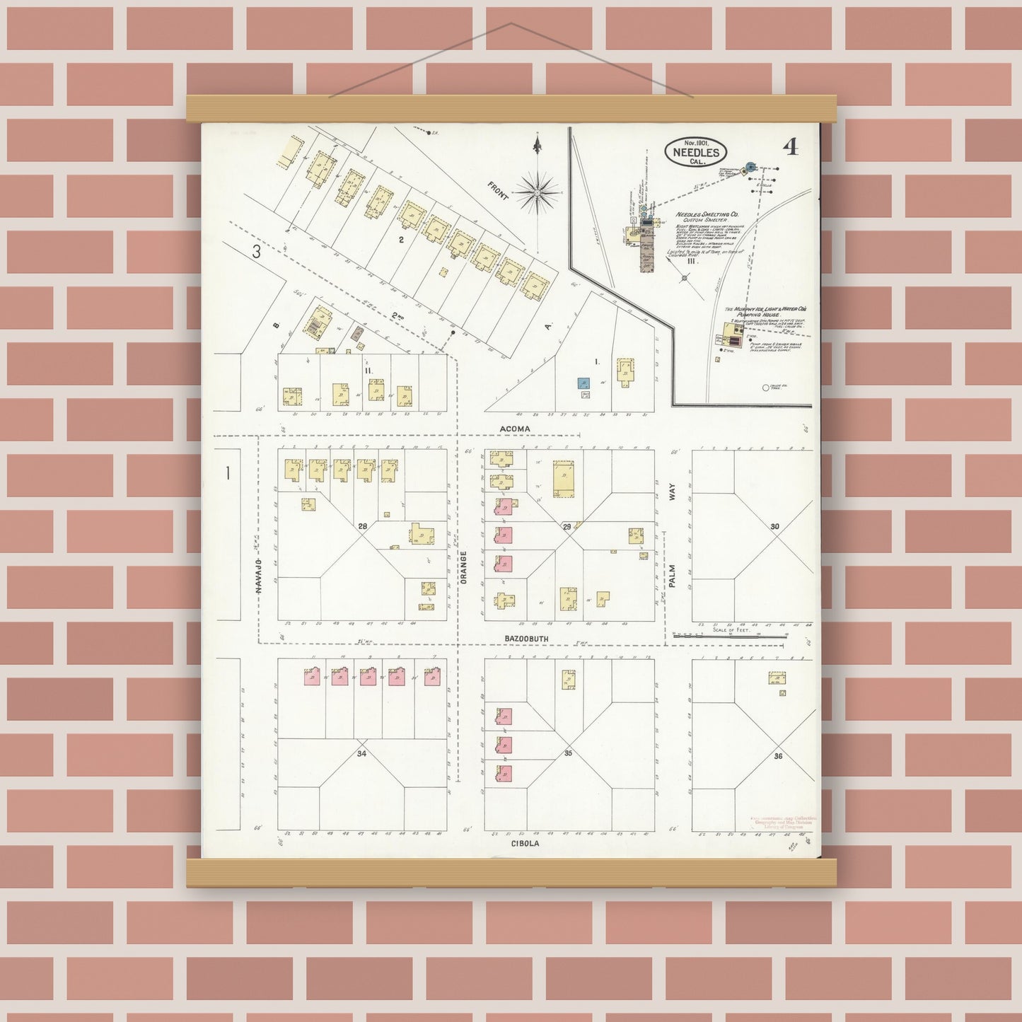 Old map wall art mockup — magnetic wood frame on brick wall — Sanborn Fire Insurance Map from Needles, San Bernardino County, California (1901), Sheet #0004