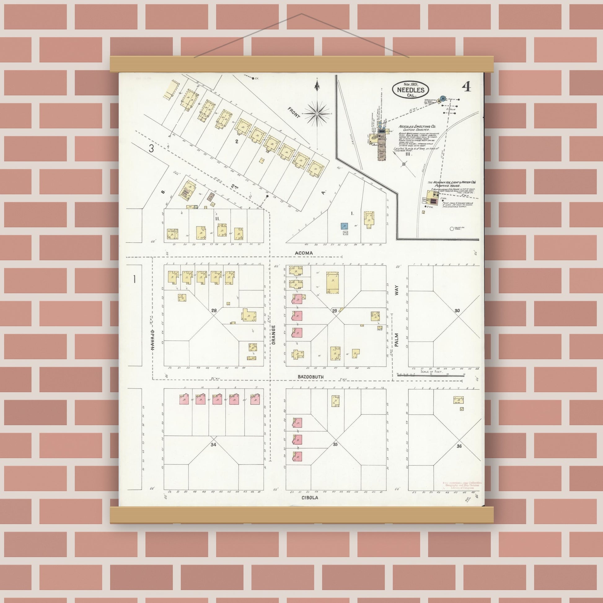 Old map wall art mockup — magnetic wood frame on brick wall — Sanborn Fire Insurance Map from Needles, San Bernardino County, California (1901), Sheet #0004