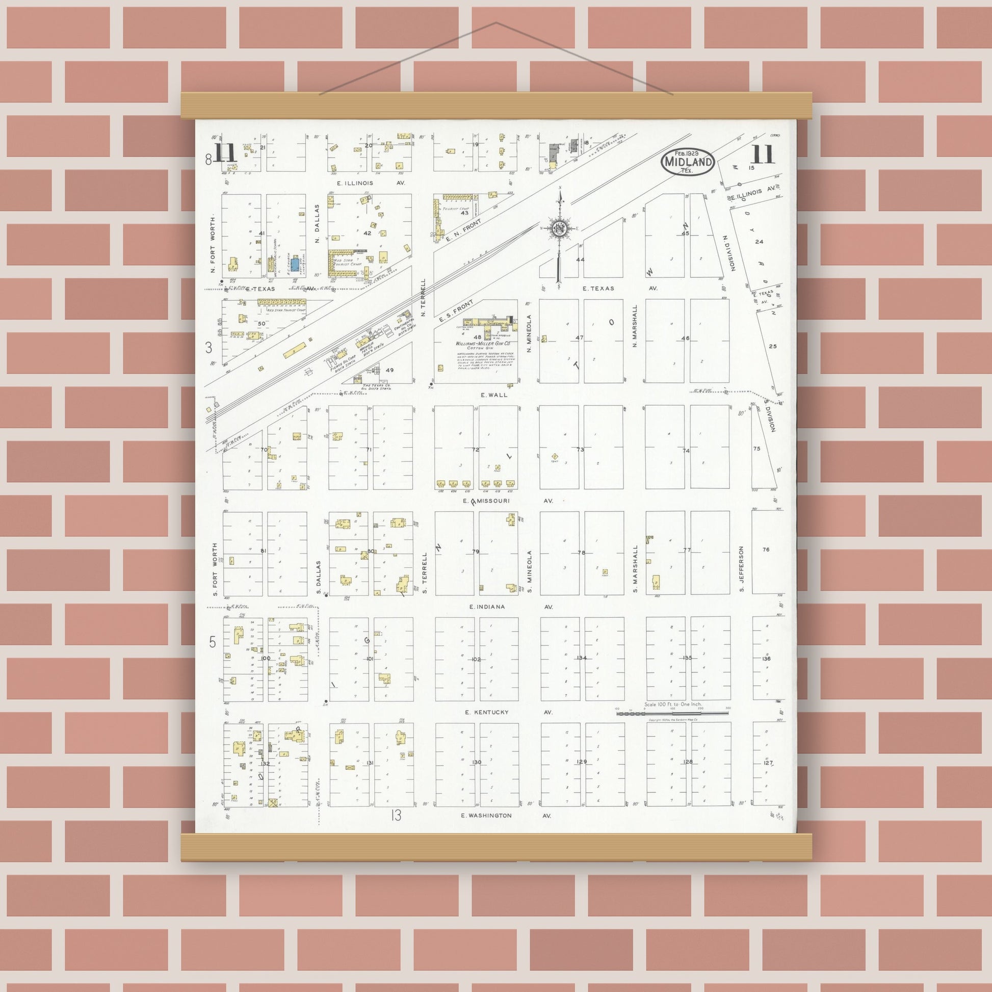 Old map wall art mockup — magnetic wood frame on brick wall — Sanborn Fire Insurance Map from Midland, Midland County, Texas (1929), Sheet #0011