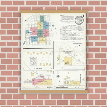 Old map wall art mockup — magnetic wood frame on brick wall — Sanborn Fire Insurance Map from Cuero, De Witt County, Texas (1912), Sheet #0001