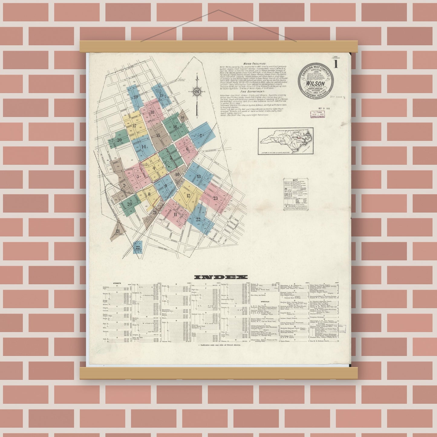 Old map wall art mockup — magnetic wood frame on brick wall — Sanborn Fire Insurance Map from Wilson, Wilson County, North Carolina (1913) - Complete Map Set