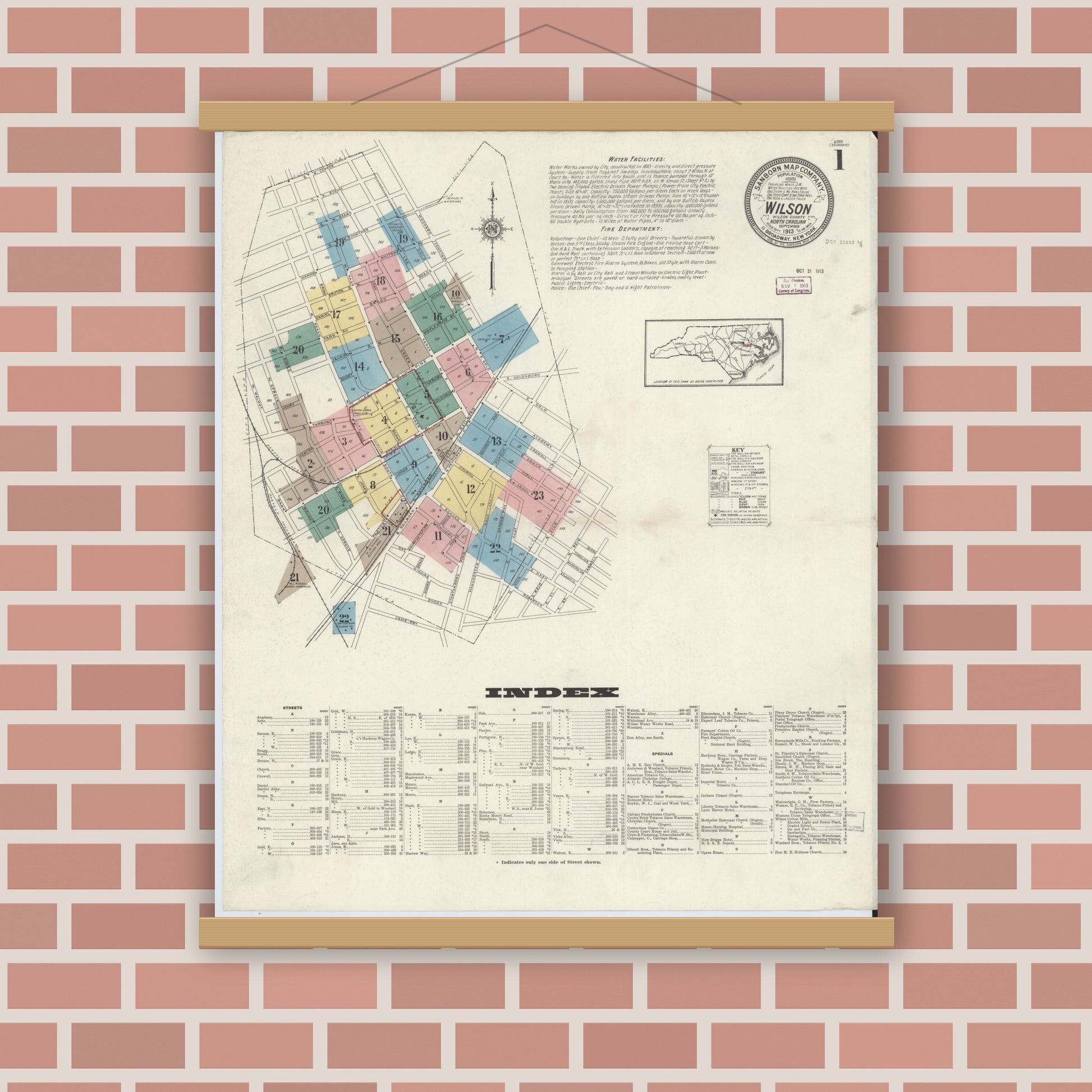 Old map wall art mockup — magnetic wood frame on brick wall — Sanborn Fire Insurance Map from Wilson, Wilson County, North Carolina (1913) - Complete Map Set