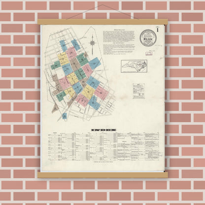 Old map wall art mockup — magnetic wood frame on brick wall — Sanborn Fire Insurance Map from Wilson, Wilson County, North Carolina (1913) - Complete Map Set