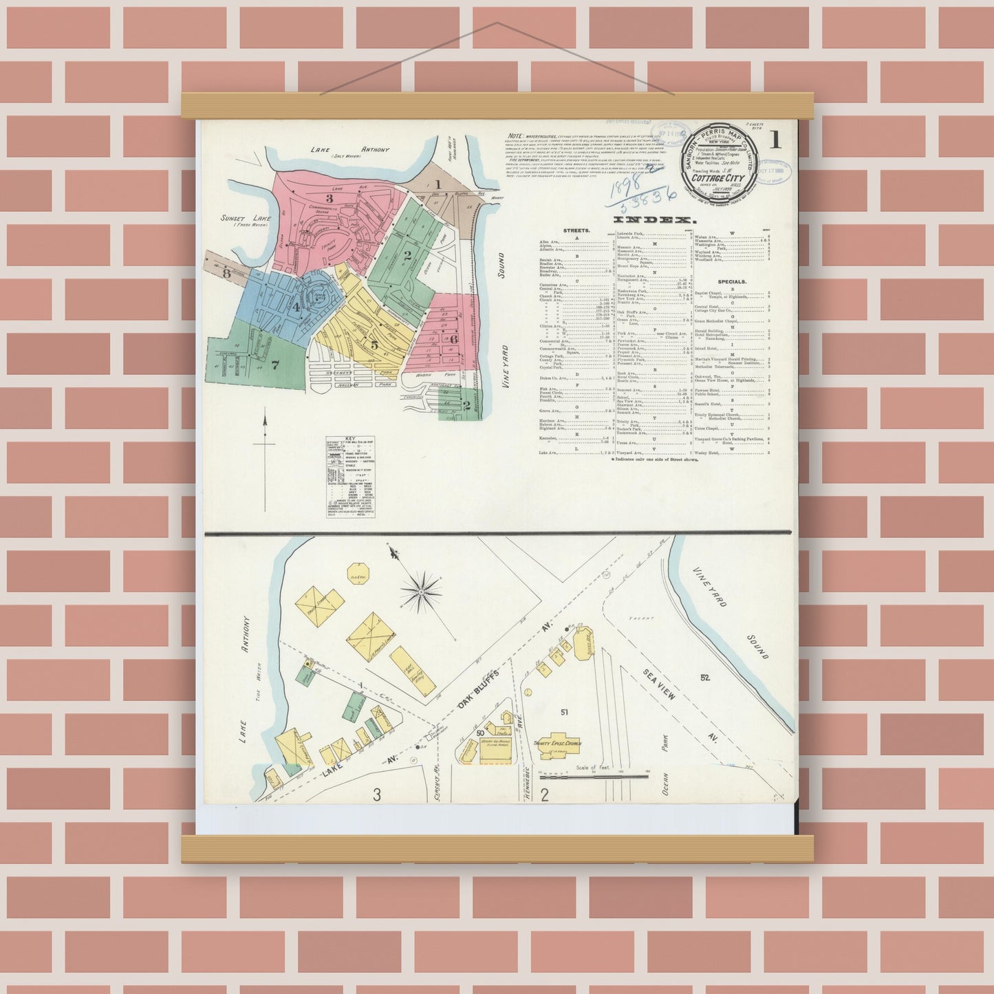 Old map wall art mockup — magnetic wood frame on brick wall — Sanborn Fire Insurance Map from Cottage City, Dukes County, Massachusetts (1898) - Complete Map Set