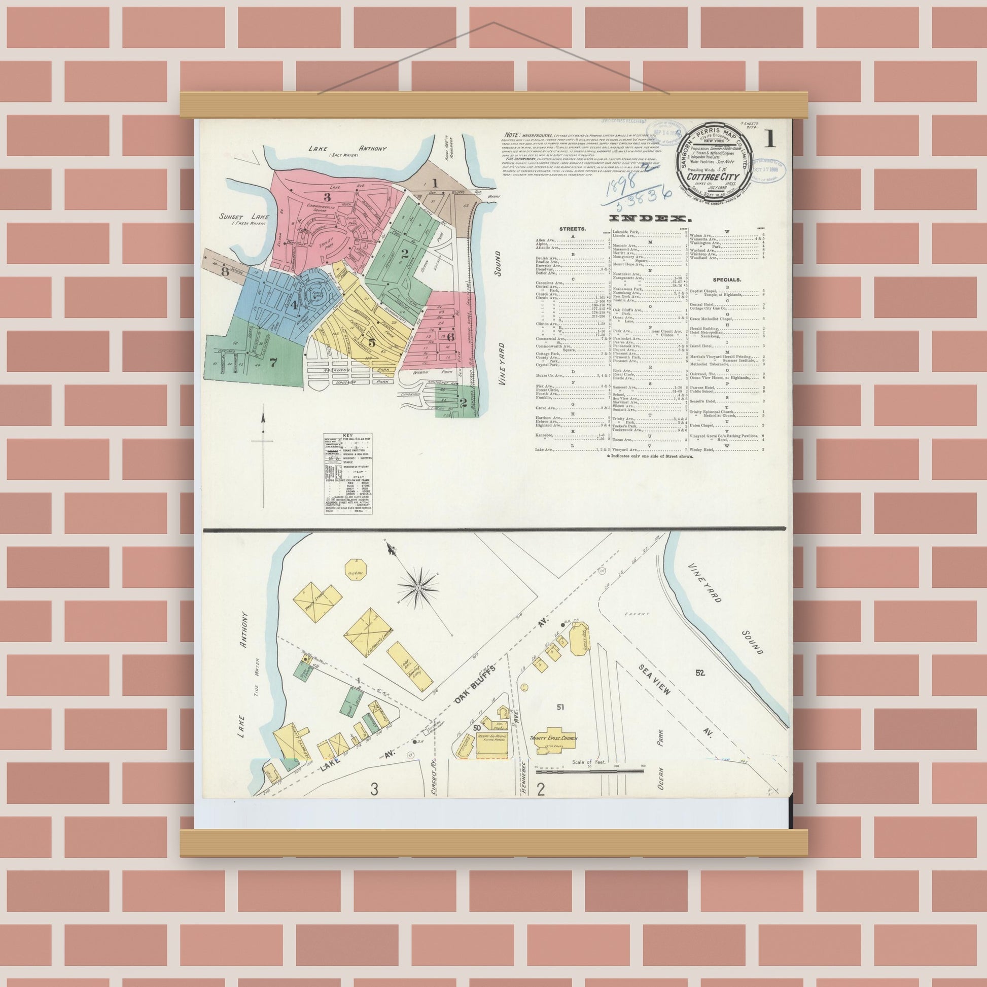 Old map wall art mockup — magnetic wood frame on brick wall — Sanborn Fire Insurance Map from Cottage City, Dukes County, Massachusetts (1898) - Complete Map Set