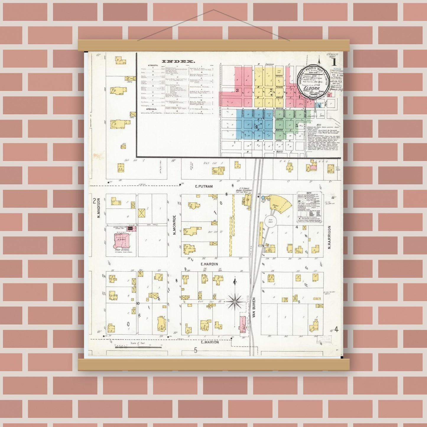 Old map wall art mockup — magnetic wood frame on brick wall — Sanborn Fire Insurance Map from Eldora, Hardin County, Iowa (1900) â€” Complete Set