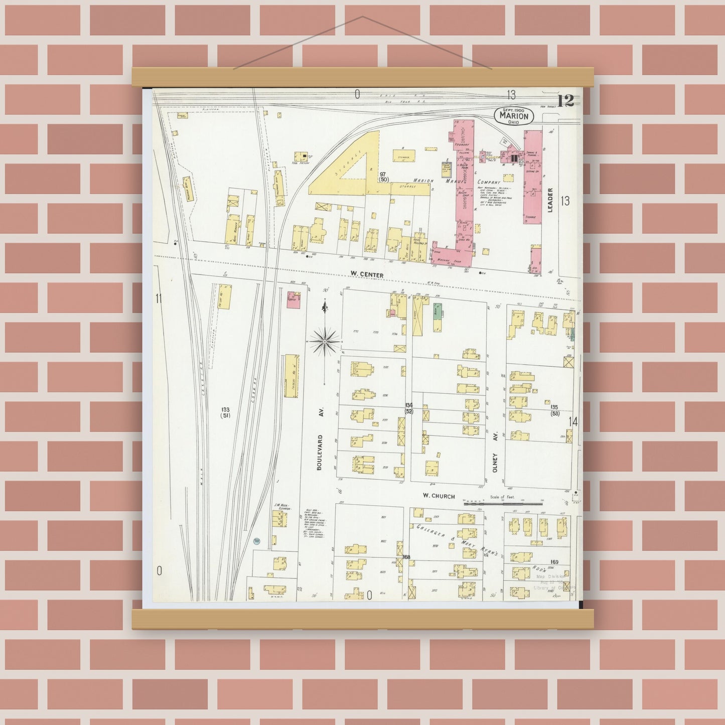 Old map wall art mockup — magnetic wood frame on brick wall — Sanborn Fire Insurance Map from Marion, Marion County, Ohio (1900), Sheet #0012