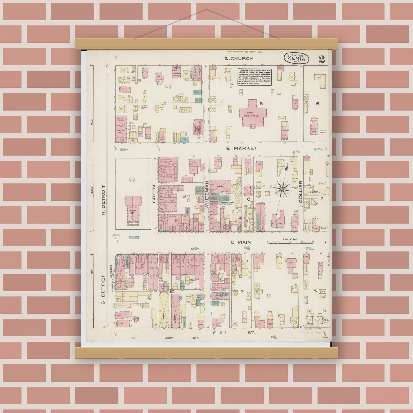 Old map wall art mockup — magnetic wood frame on brick wall — Sanborn Fire Insurance Map from Xenia, Greene County, Ohio (1885), Sheet #0002