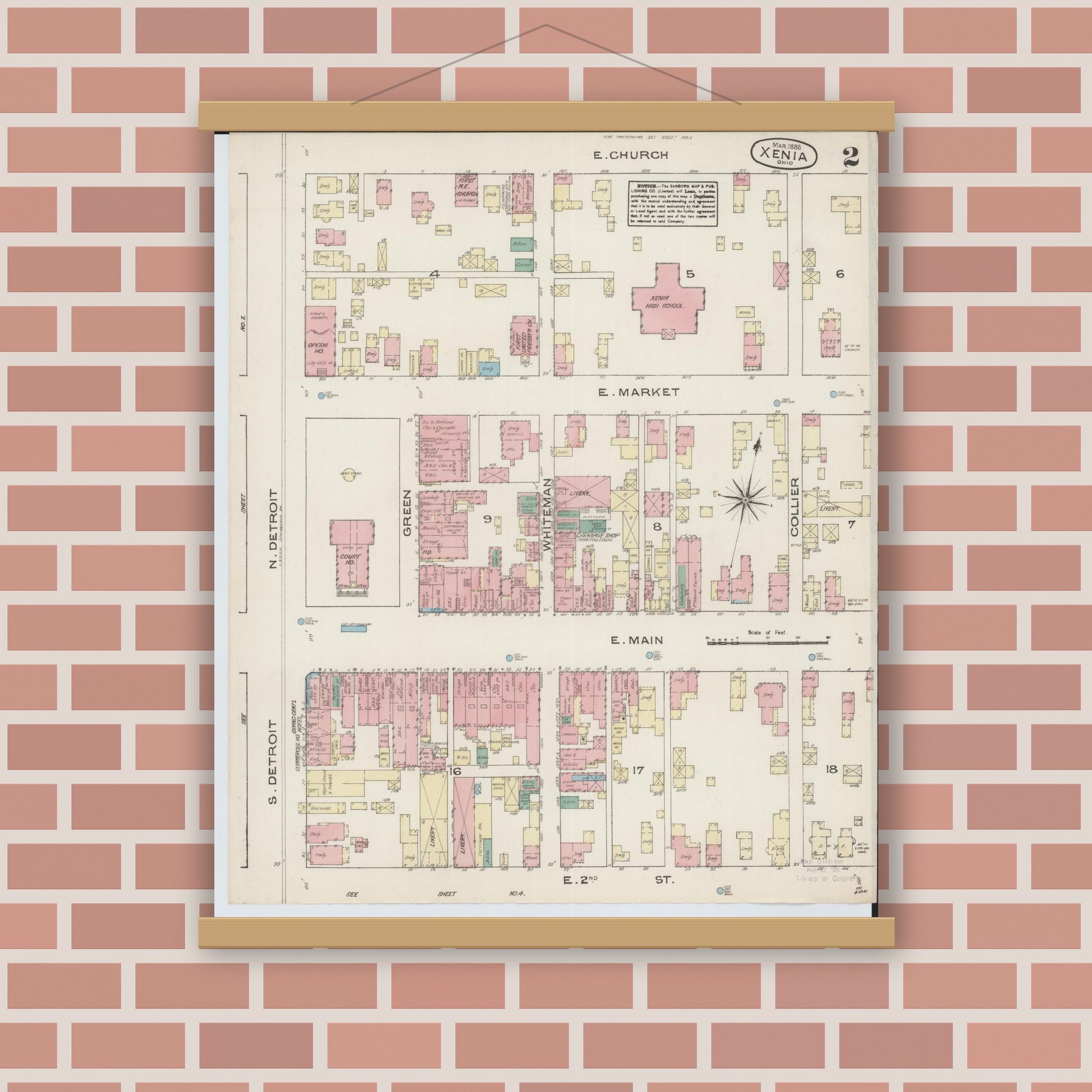 Old map wall art mockup — magnetic wood frame on brick wall — Sanborn Fire Insurance Map from Xenia, Greene County, Ohio (1885), Sheet #0002