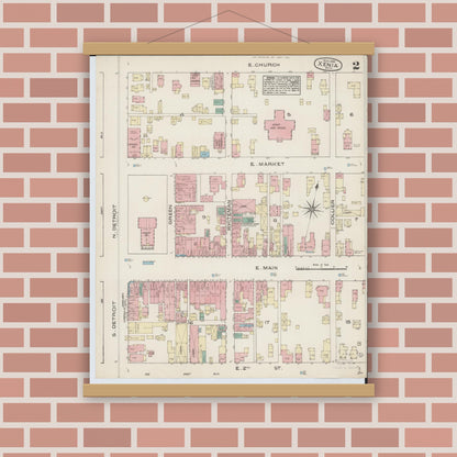 Old map wall art mockup — magnetic wood frame on brick wall — Sanborn Fire Insurance Map from Xenia, Greene County, Ohio (1885), Sheet #0002