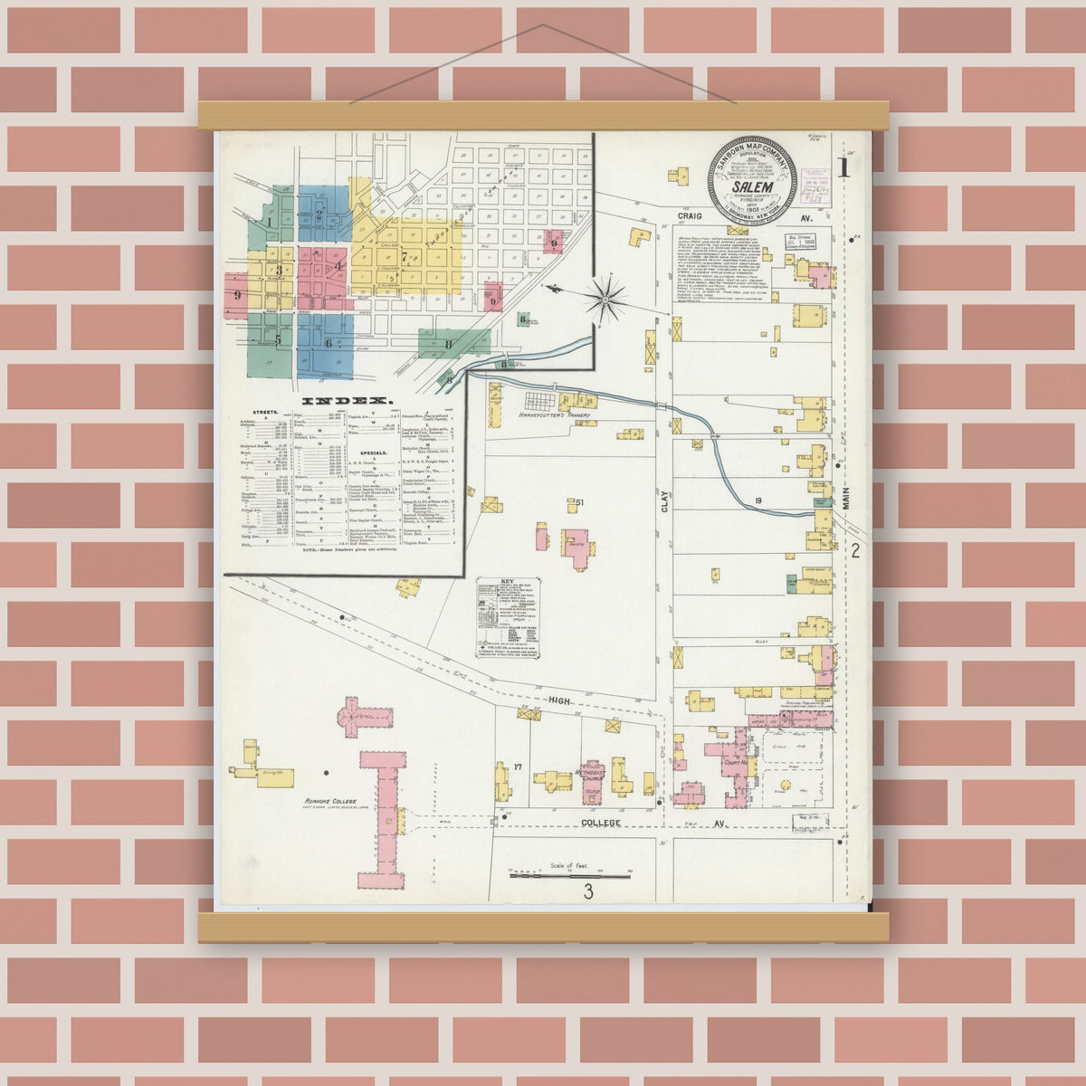 Old map wall art mockup — magnetic wood frame on brick wall — Sanborn Fire Insurance Map from Salem, Independent Cities, Virginia (1903), Sheet #0001
