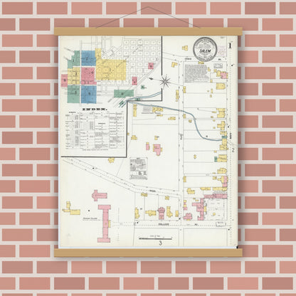 Old map wall art mockup — magnetic wood frame on brick wall — Sanborn Fire Insurance Map from Salem, Independent Cities, Virginia (1903), Sheet #0001