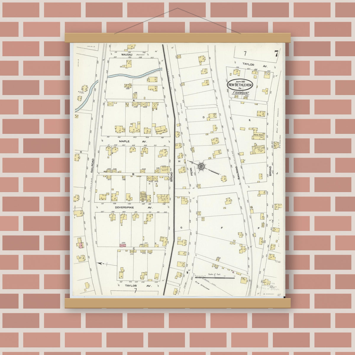 Old map wall art mockup — magnetic wood frame on brick wall — Sanborn Fire Insurance Map from New Bethlehem, Clarion County, Pennsylvania (1910), Sheet #0007