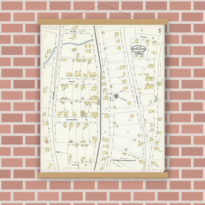 Old map wall art mockup — magnetic wood frame on brick wall — Sanborn Fire Insurance Map from New Bethlehem, Clarion County, Pennsylvania (1910), Sheet #0007