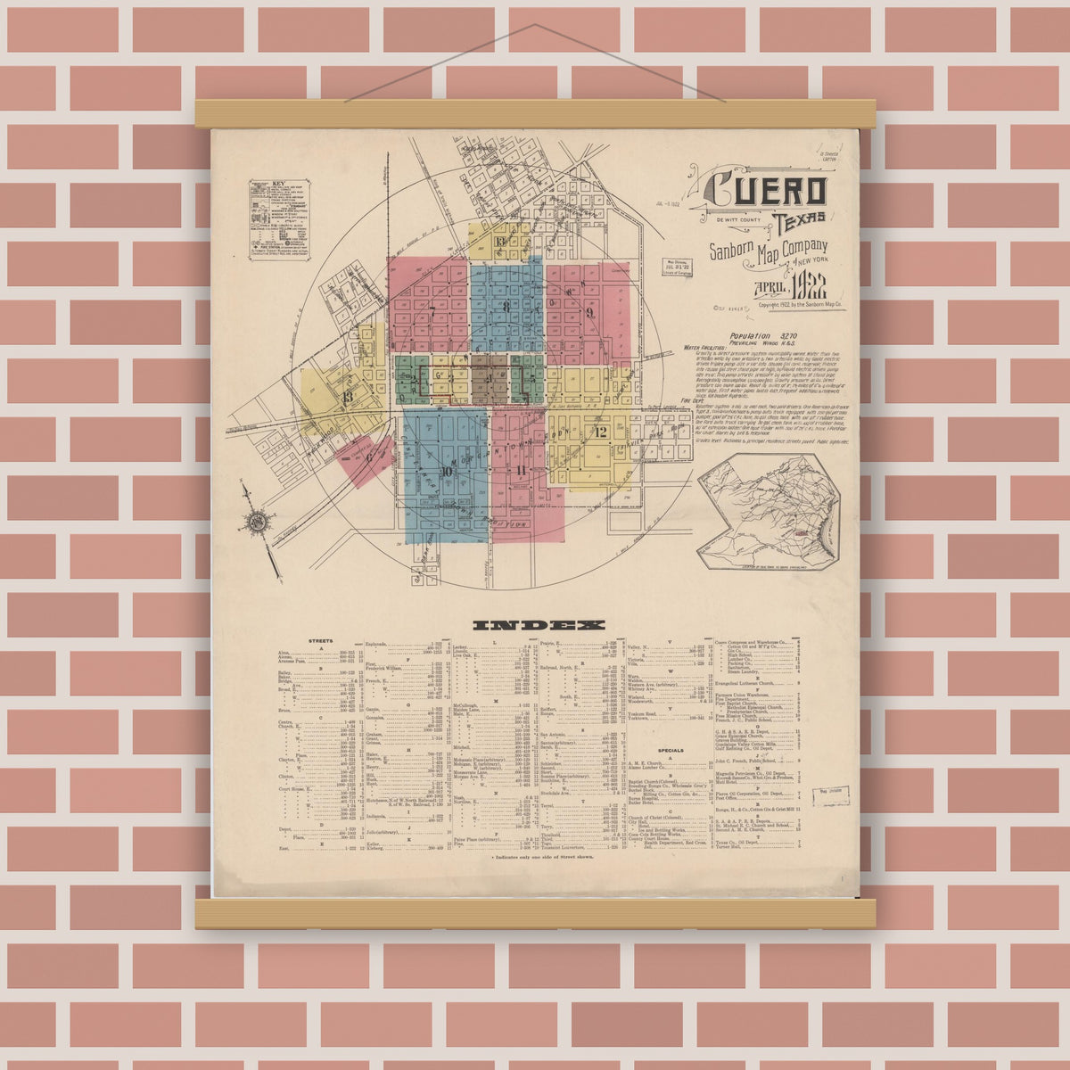 Old map wall art mockup — magnetic wood frame on brick wall — Sanborn Fire Insurance Map from Cuero, De Witt County, Texas (1922), Sheet #0001