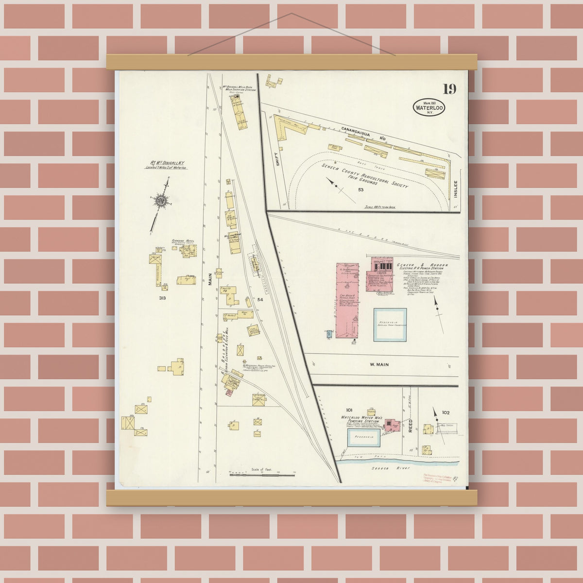 Old map wall art mockup — magnetic wood frame on brick wall — Sanborn Fire Insurance Map from Waterloo, Seneca County, New York (1911), Sheet #0019