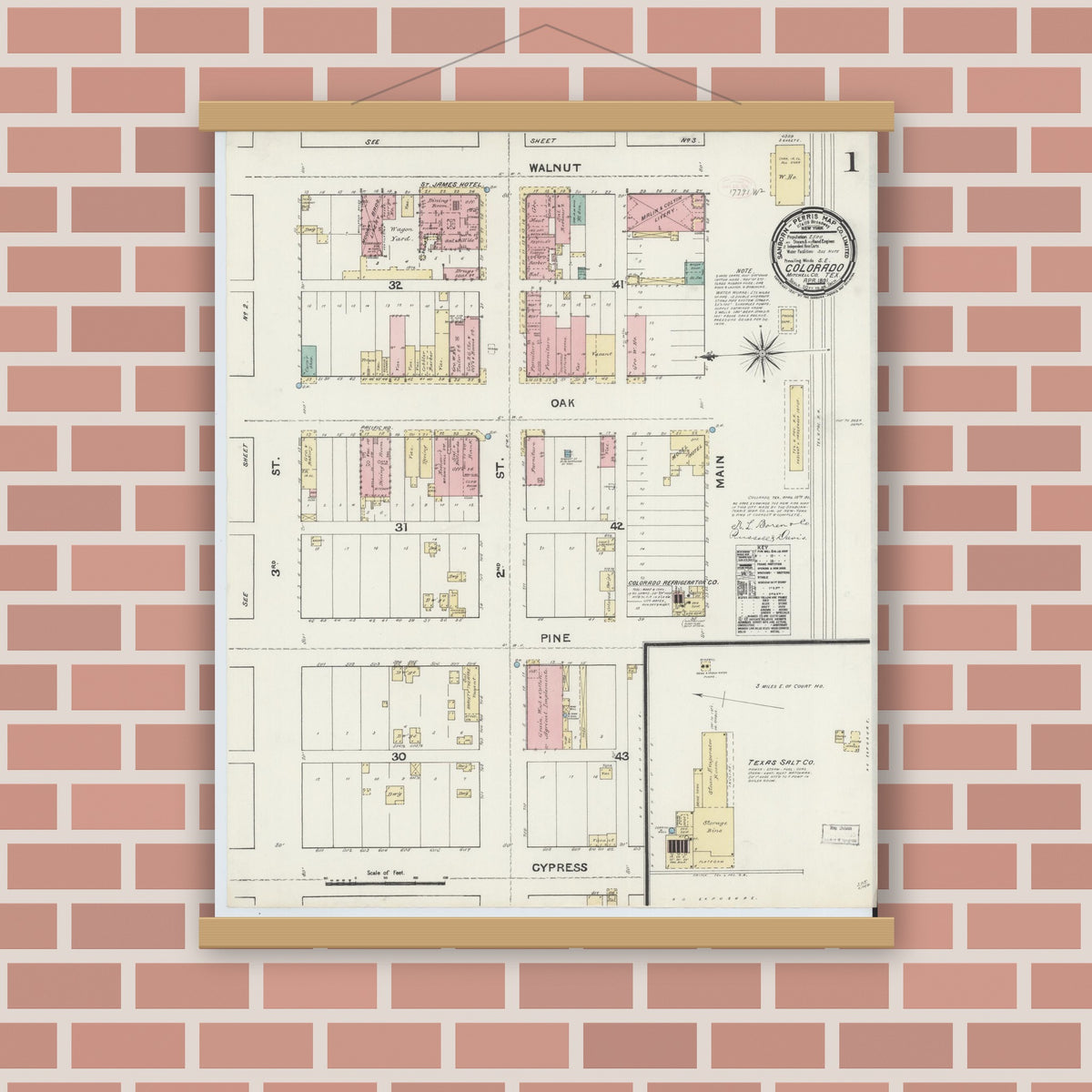 Old map wall art mockup — magnetic wood frame on brick wall — Sanborn Fire Insurance Map from Colorado, Mitchell County, Texas (1891), Sheet #0001