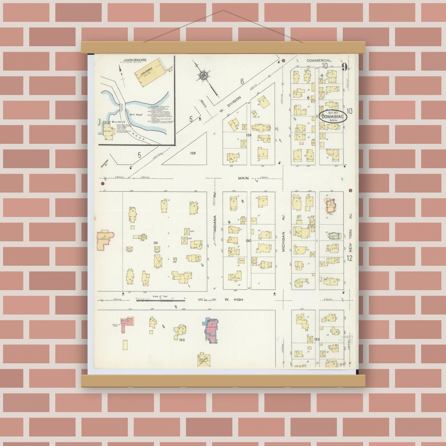 Old map wall art mockup — magnetic wood frame on brick wall — Sanborn Fire Insurance Map from Dowagiac, Cass County, Michigan (1913), Sheet #0009