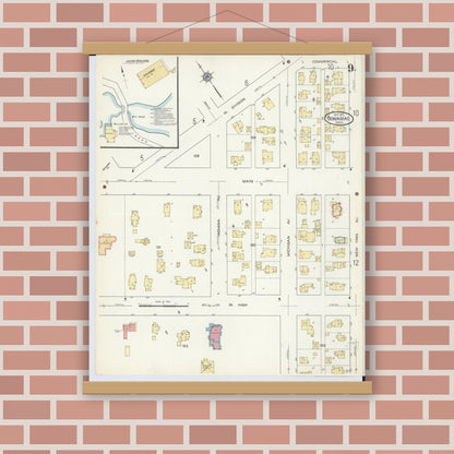 Old map wall art mockup — magnetic wood frame on brick wall — Sanborn Fire Insurance Map from Dowagiac, Cass County, Michigan (1913), Sheet #0009