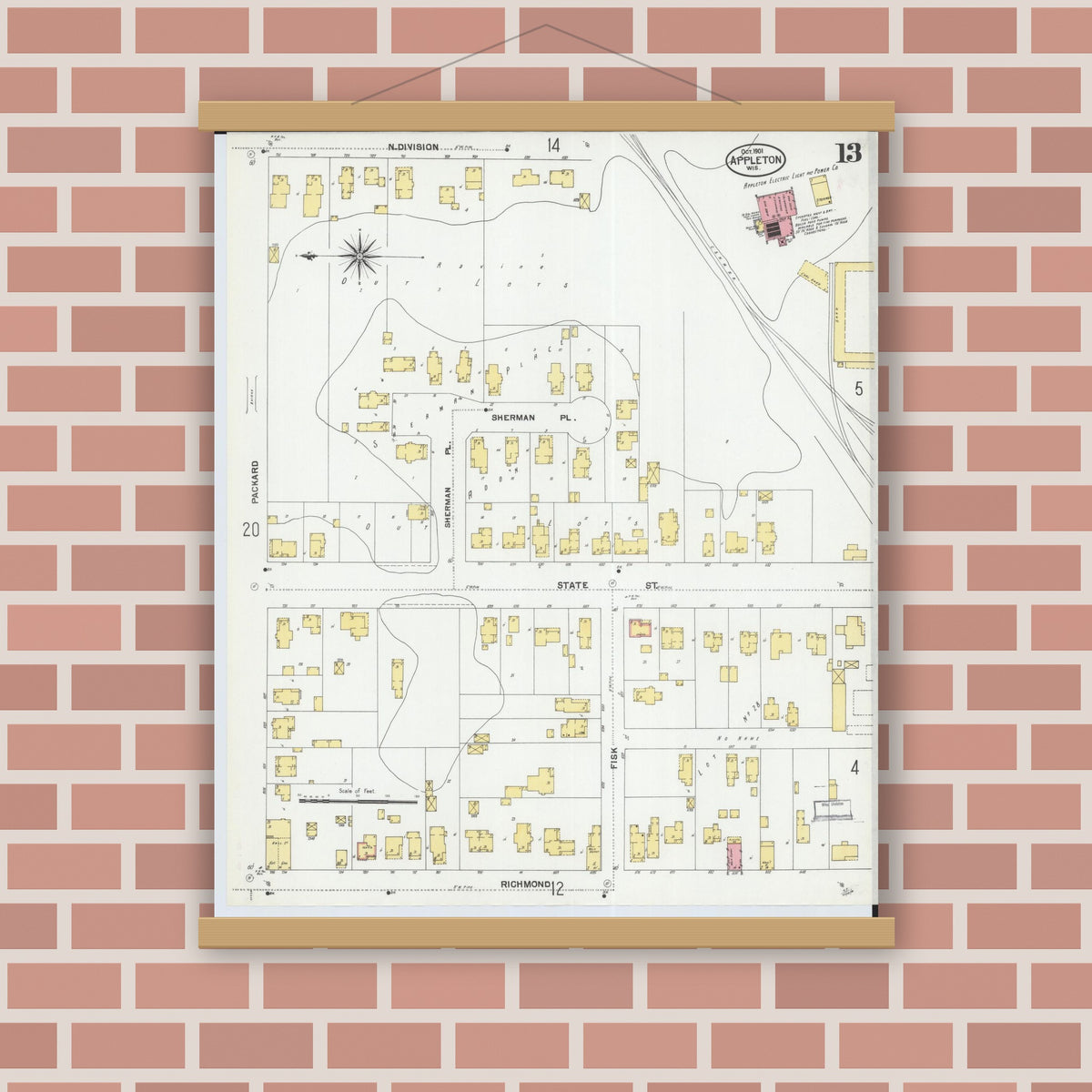 Old map wall art mockup — magnetic wood frame on brick wall — Sanborn Fire Insurance Map from Appleton, Outagamie County, Wisconsin (1901), Sheet #0013