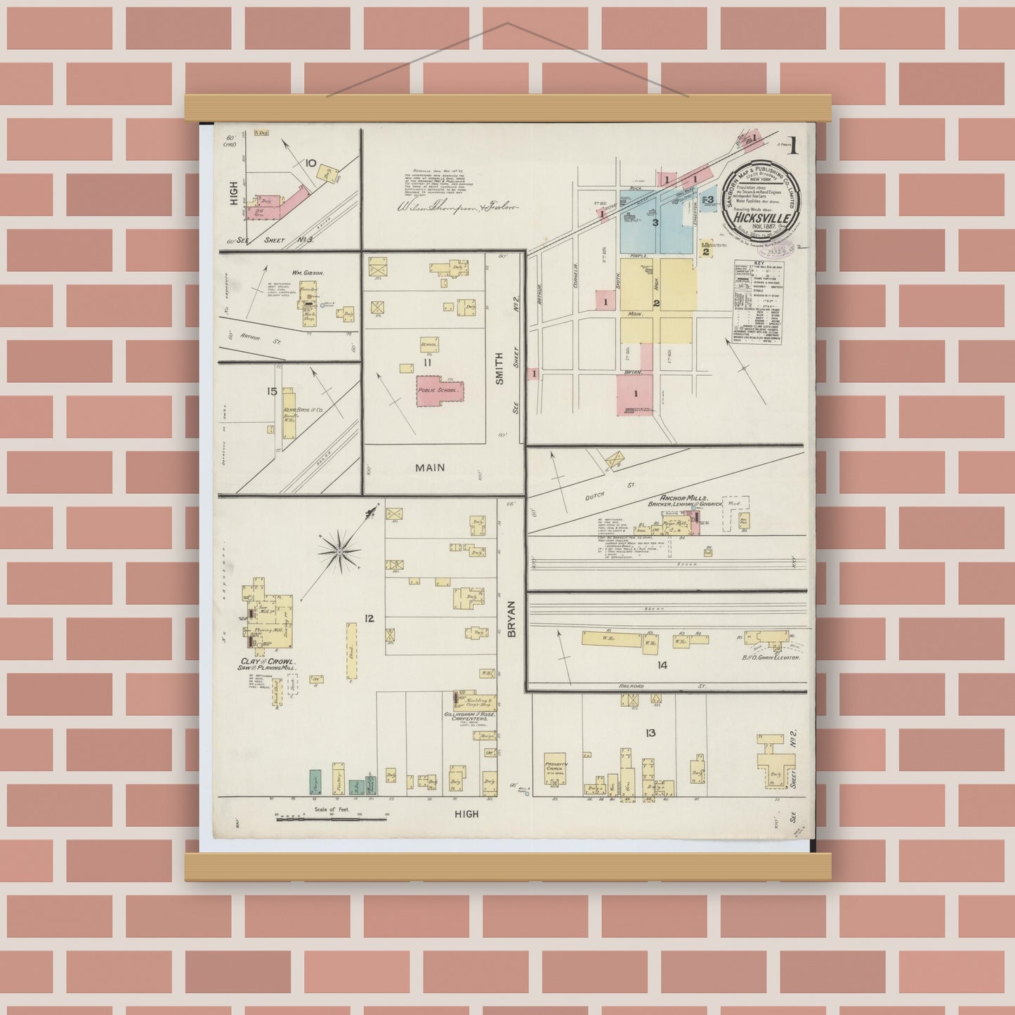 Old map wall art mockup — magnetic wood frame on brick wall — Sanborn Fire Insurance Map from Hicksville, Defiance County, Ohio (1887), Sheet #0001