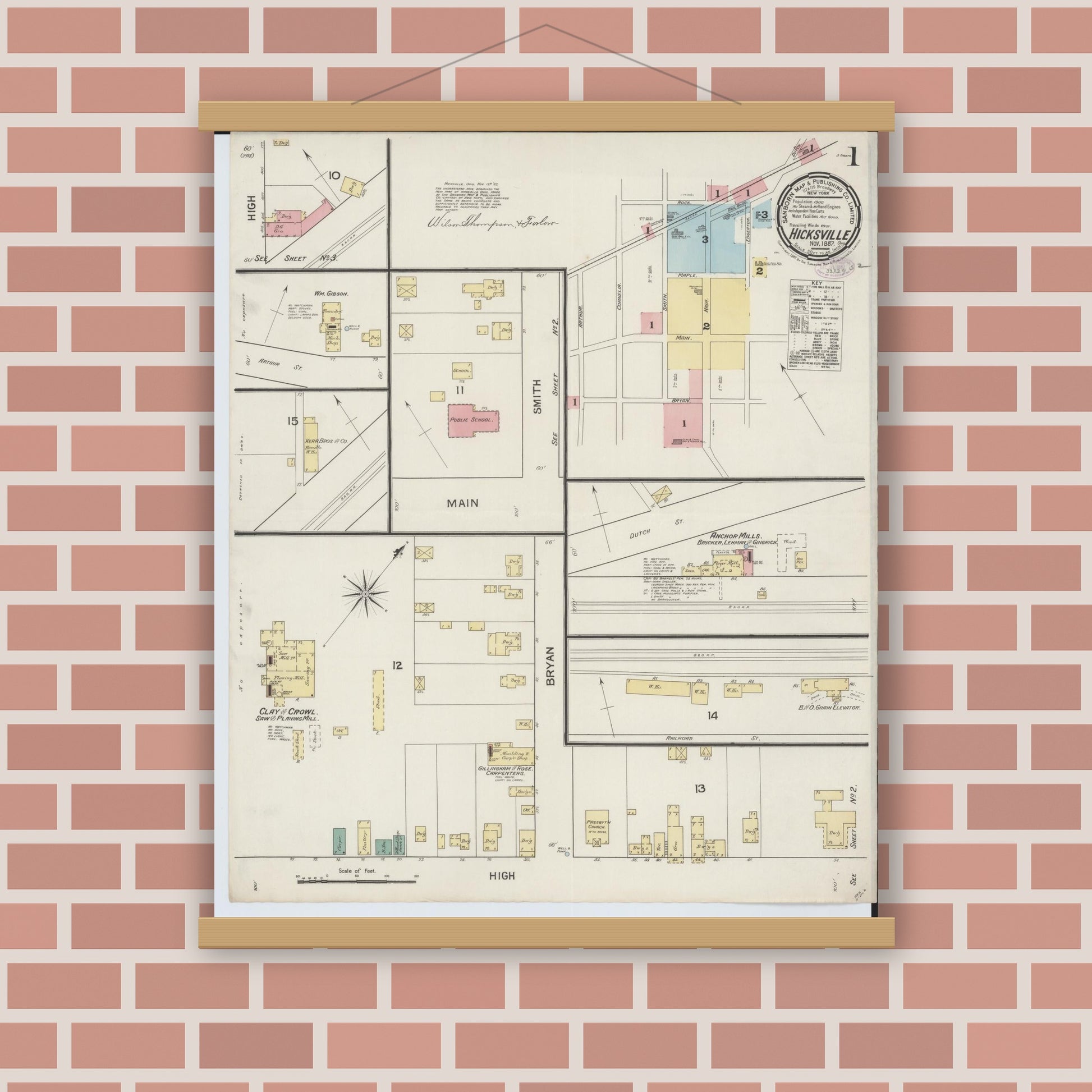 Old map wall art mockup — magnetic wood frame on brick wall — Sanborn Fire Insurance Map from Hicksville, Defiance County, Ohio (1887), Sheet #0001