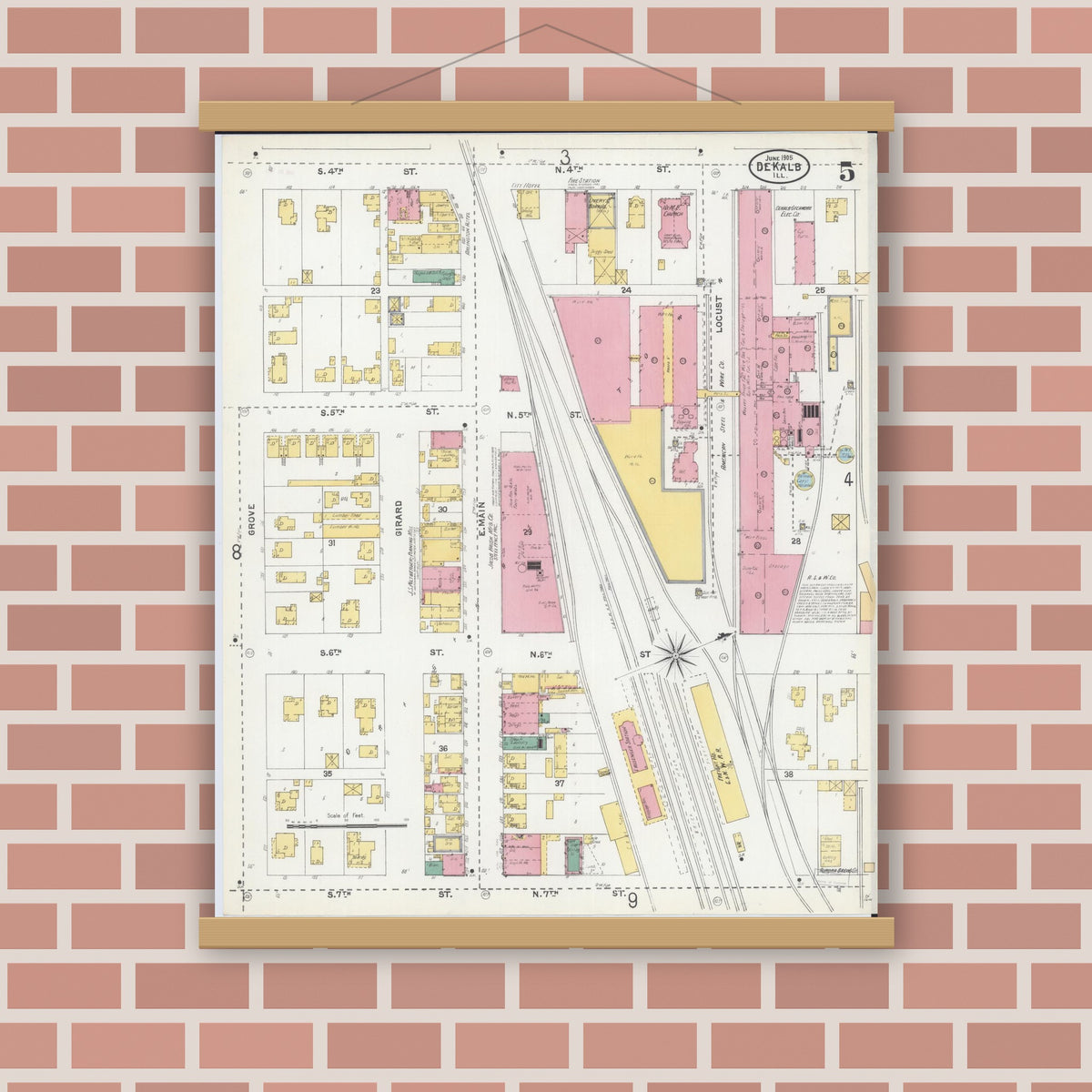 Old map wall art mockup — magnetic wood frame on brick wall — Sanborn Fire Insurance Map from De Kalb, De Kalb County, Illinois (1905), Sheet #0005