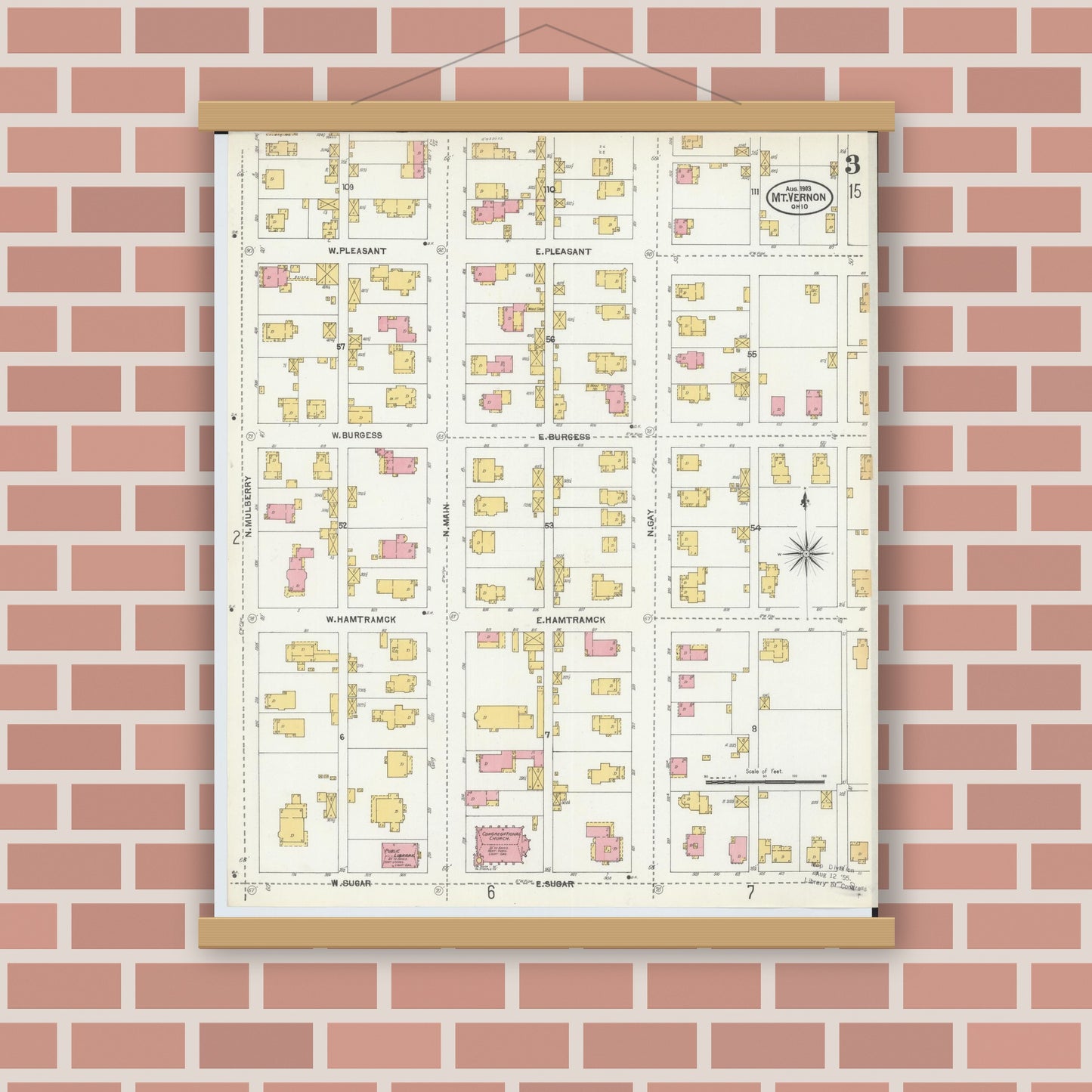 Old map wall art mockup — magnetic wood frame on brick wall — Sanborn Fire Insurance Map from Mount Vernon, Knox County, Ohio (1903), Sheet #0003