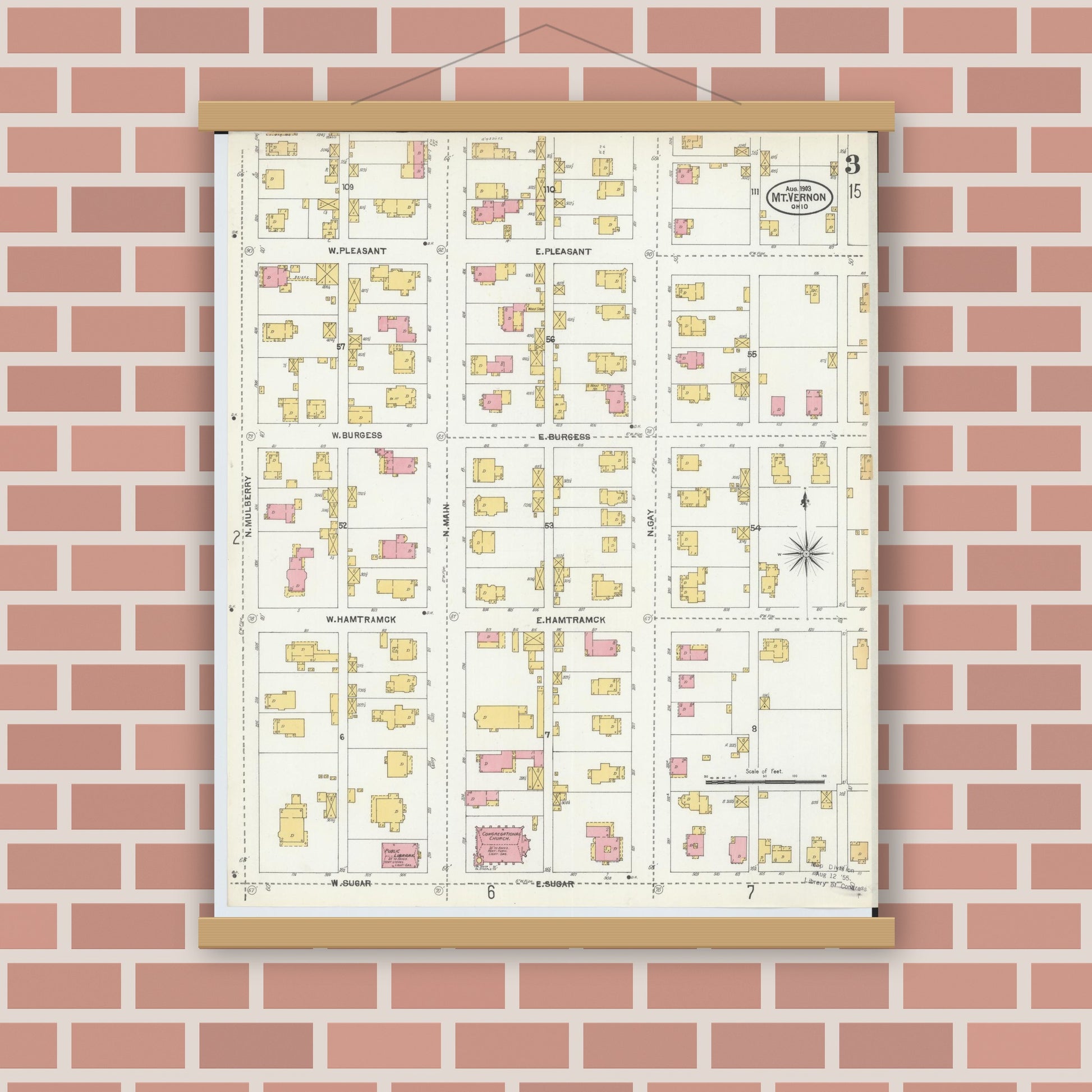 Old map wall art mockup — magnetic wood frame on brick wall — Sanborn Fire Insurance Map from Mount Vernon, Knox County, Ohio (1903), Sheet #0003