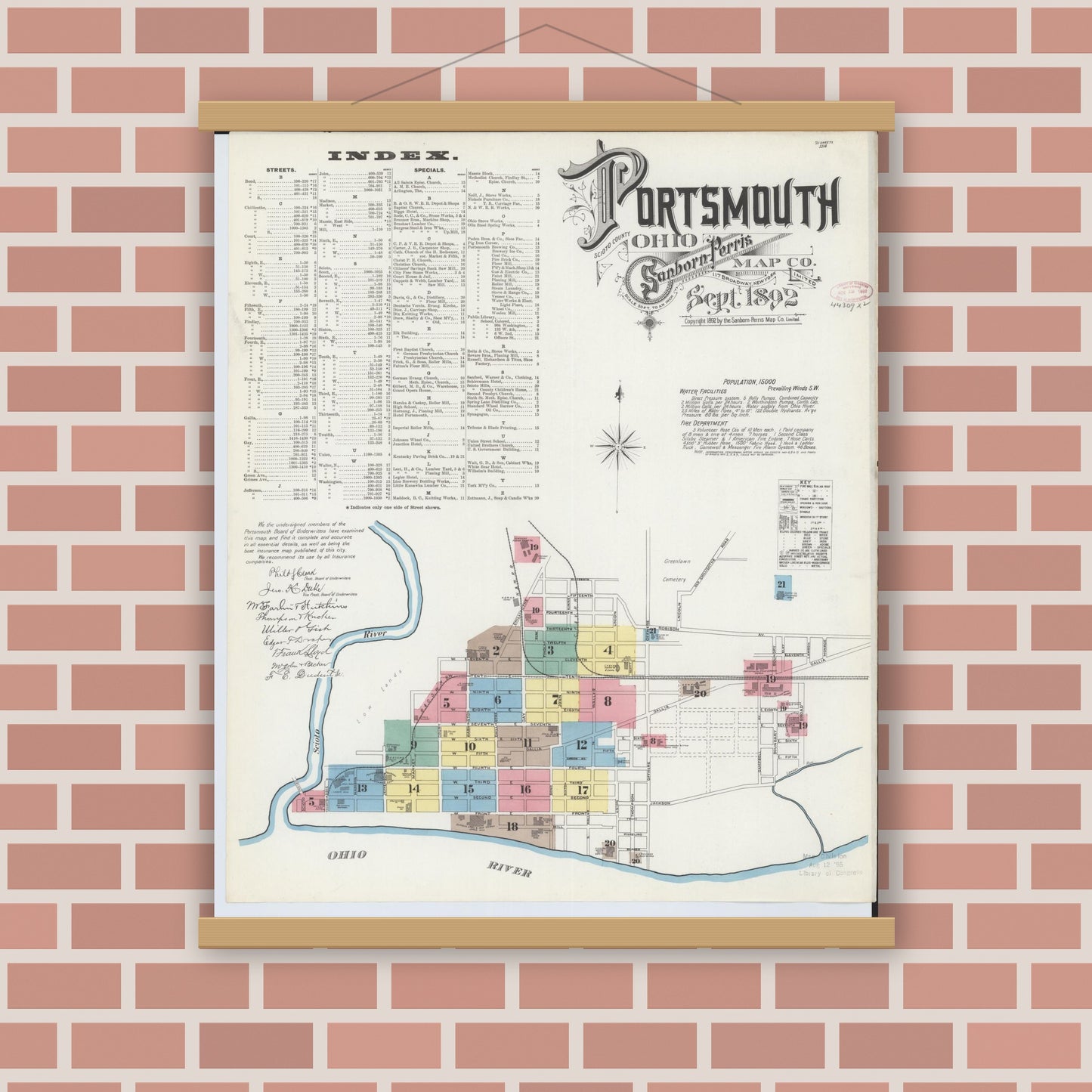 Old map wall art mockup — magnetic wood frame on brick wall — Sanborn Fire Insurance Map from Portsmouth, Scioto County, Ohio (1892) - Complete Map Set