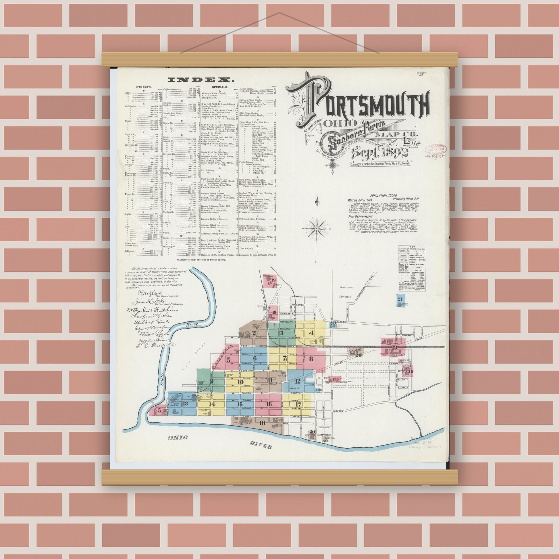 Old map wall art mockup — magnetic wood frame on brick wall — Sanborn Fire Insurance Map from Portsmouth, Scioto County, Ohio (1892) - Complete Map Set