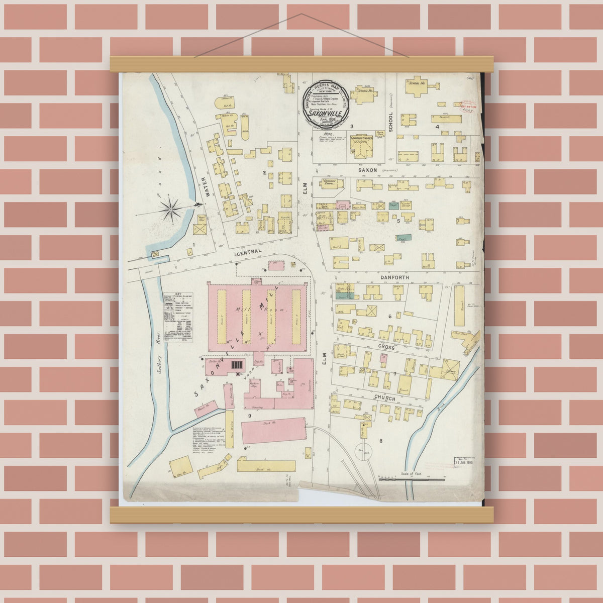 Old map wall art mockup — magnetic wood frame on brick wall — Sanborn Fire Insurance Map from Saxonville, Middlesex County, Massachusetts (1896), Sheet #0001