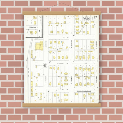 Old map wall art mockup — magnetic wood frame on brick wall — Sanborn Fire Insurance Map from Waterloo, Black Hawk County, Iowa (1900), Sheet #0012