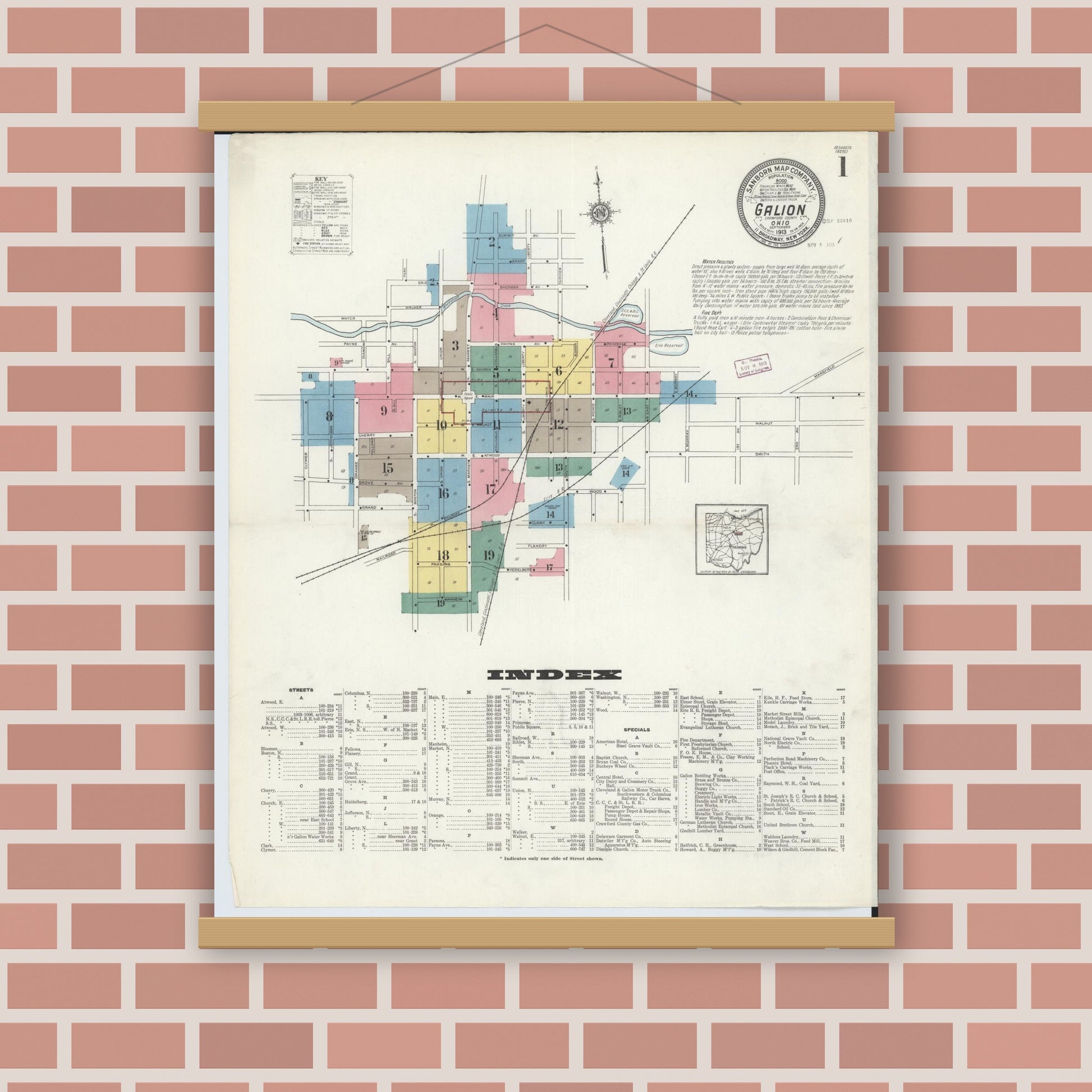 Old map wall art mockup — magnetic wood frame on brick wall — Sanborn Fire Insurance Map from Galion, Crawford County, Ohio (1913), Sheet #0001