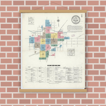 Old map wall art mockup — magnetic wood frame on brick wall — Sanborn Fire Insurance Map from Galion, Crawford County, Ohio (1913), Sheet #0001
